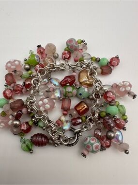 Vintage Y2K Chunky Lampwork Glass Bead Cluster Charm Bracelet Pink Green